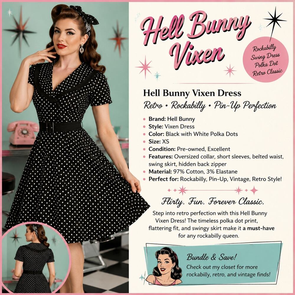 Hell Bunny Vixen Dress Black Polka Dot Pin Up Rockabilly Mimi Doll Pin Up 1X
